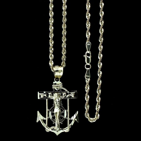 10K Real Gold Rope Chain and Anchor Cross Pendant Set - Picture 1 of 11
